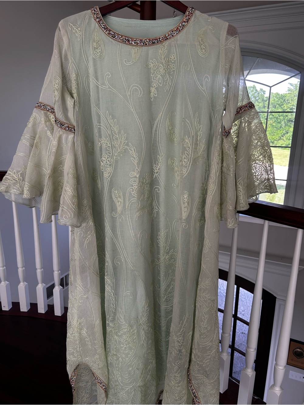 Elegant Pale Green Embroidered Women's Dress with Bell Sleeves